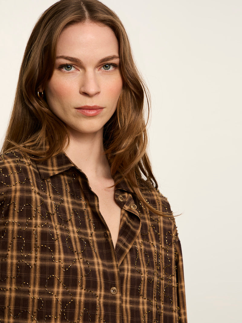 Avery Beaded Crop Shirt Toffee Plaid alt 6