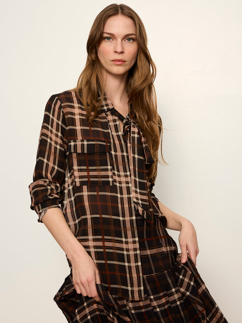 Meet In Paris Tie Neck Blouse Cinder Plaid