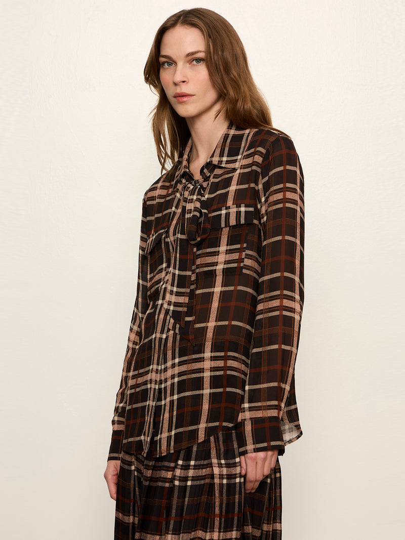 Meet In Paris Tie Neck Blouse Cinder Plaid alt 1