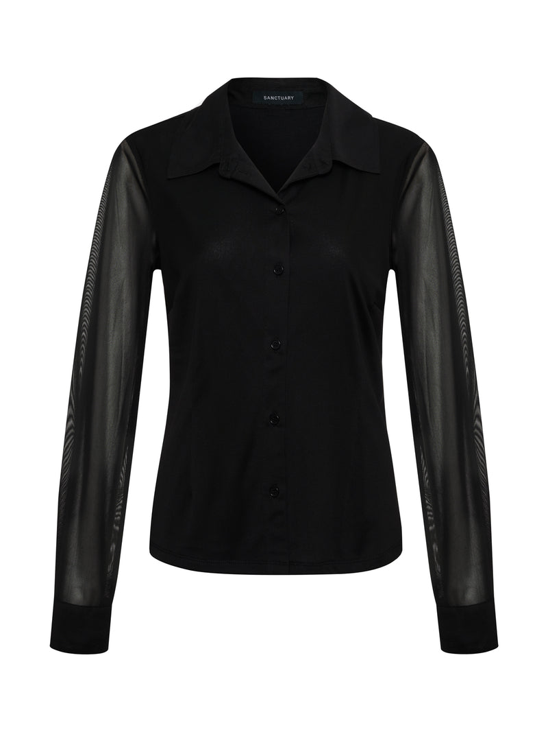 Fitted Mesh Button Down Top Black alt 5