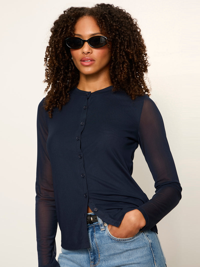 Mesh Long Sleeve Cardigan Navy Blazer alt 1