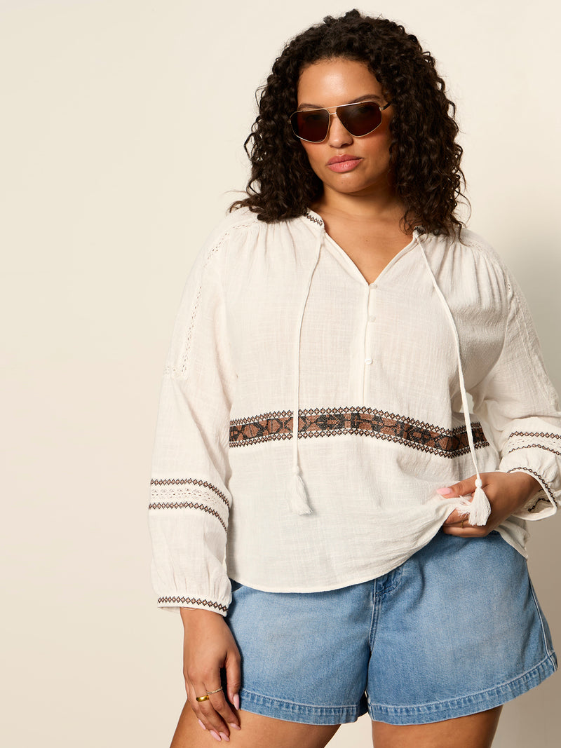 Retreat Embroidered Blouse Chalk Extended Sizing