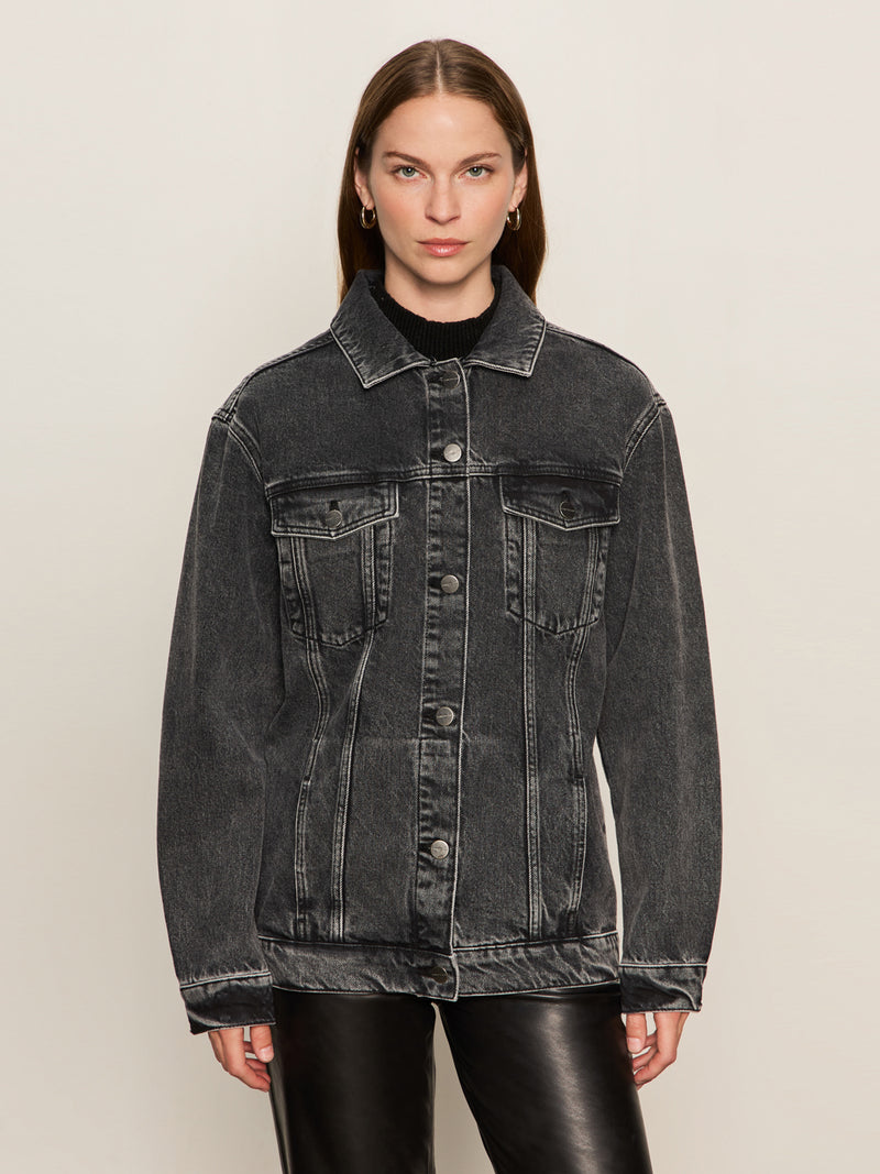 Boyfriend Trucker Jacket Washed Black Denim alt 4