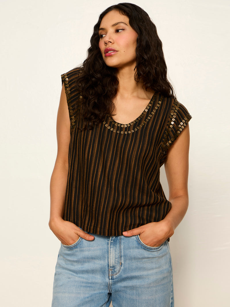 Outsider Embellished Shell Top Dark Cumin/Black Stripe alt 5