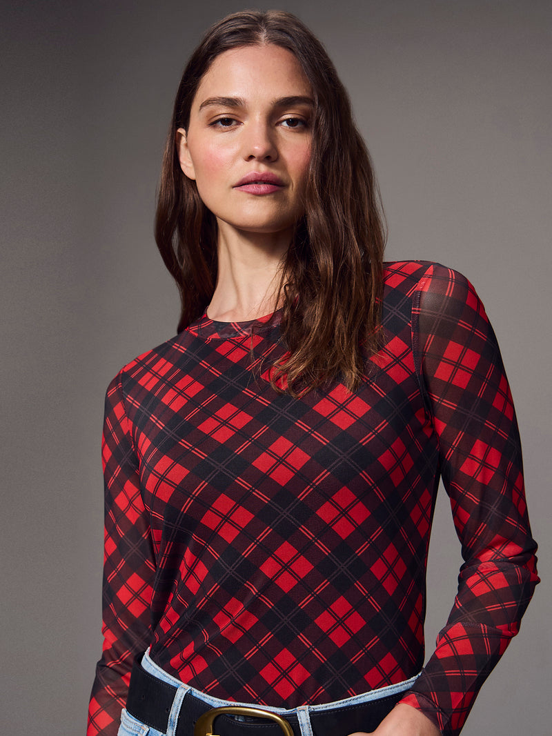Long Sleeve Perfect Mesh Tee Red Hot Plaid