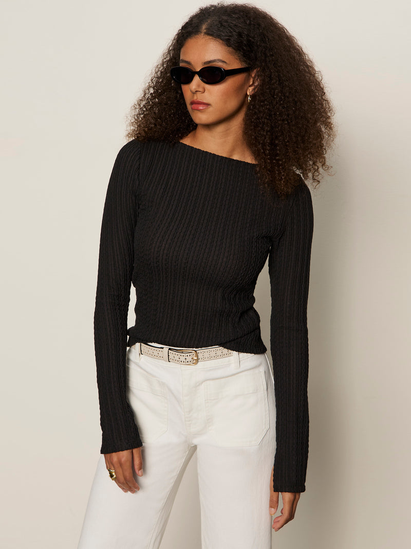 Long Sleeve Boatneck Textured Top Black