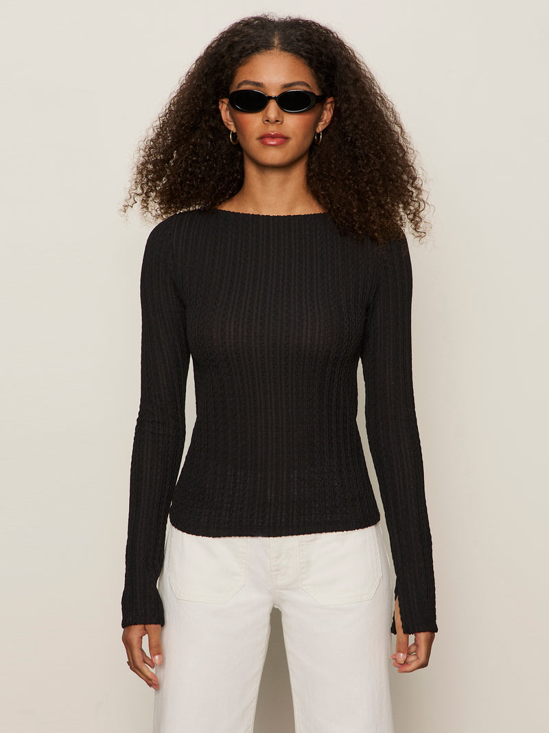 Long Sleeve Boatneck Textured Top Black alt 1