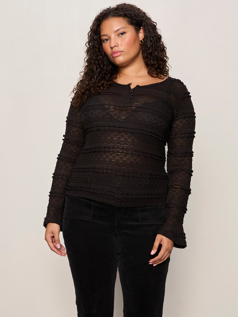 Lovely Lace Button Front Top Black Extended Sizing alt 1