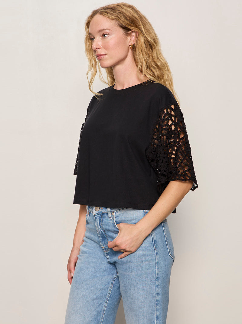 Crochet Sleeve Belle Tee Black alt 2