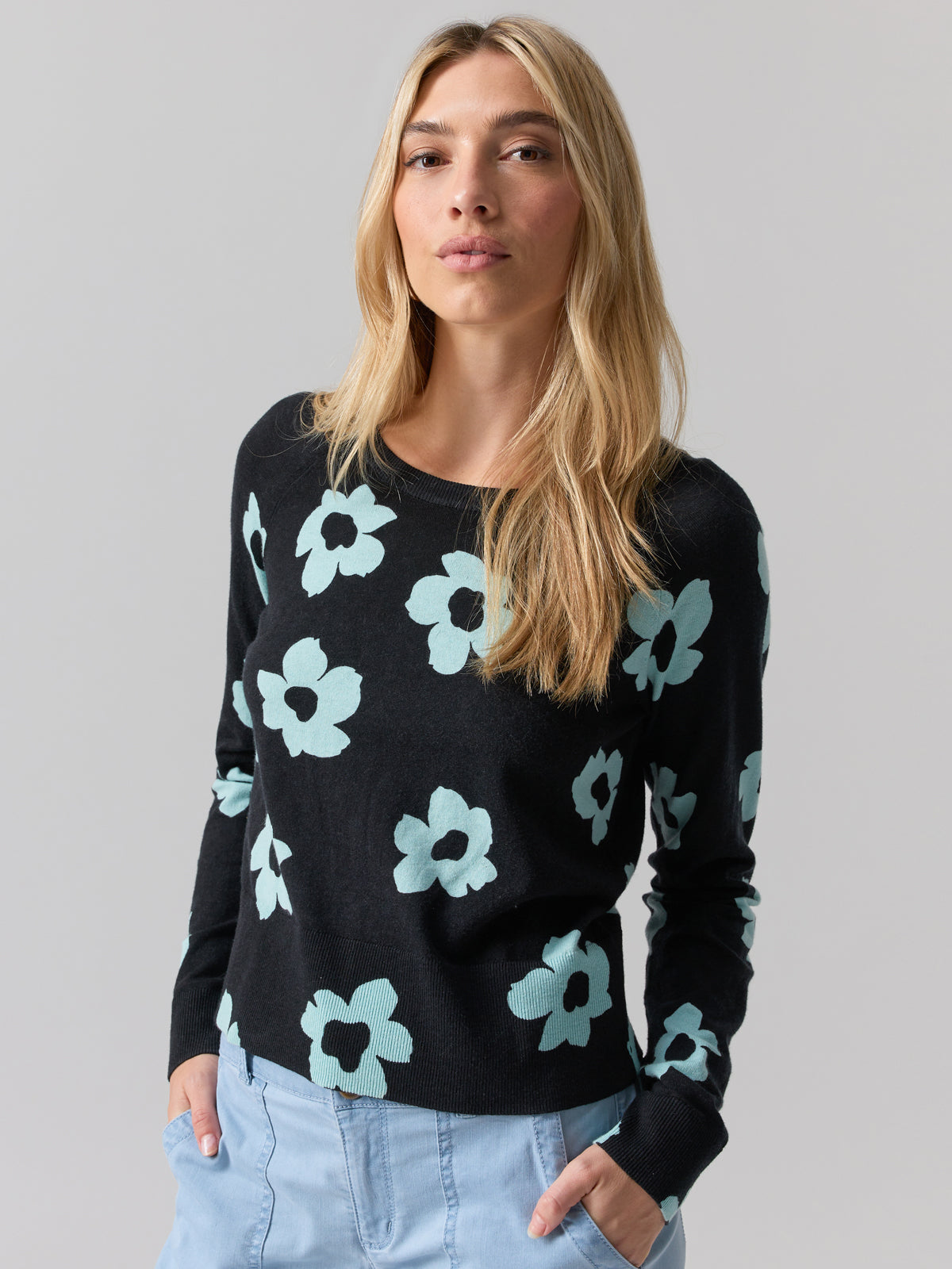 All Day Long Sweater Aqua Flower Pop