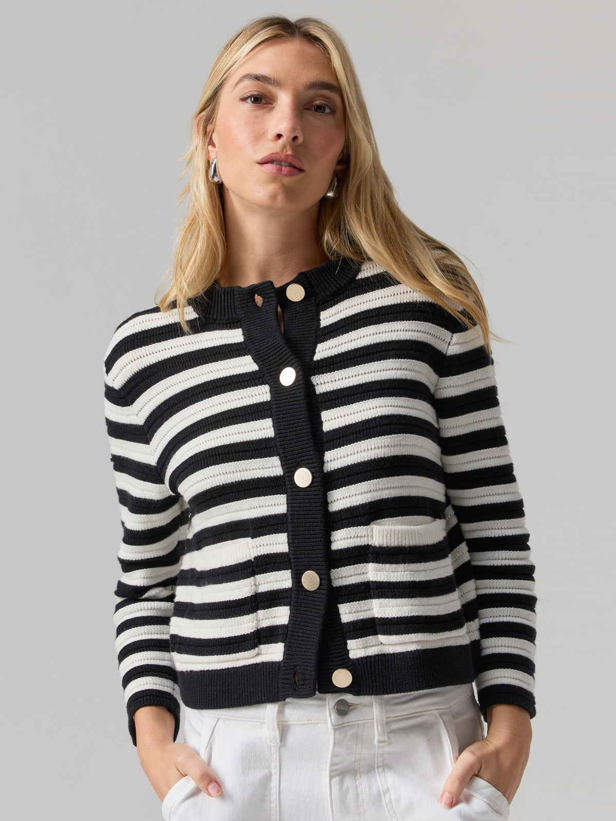 Knitted Sweater Jacket Chalk And Black Stripe