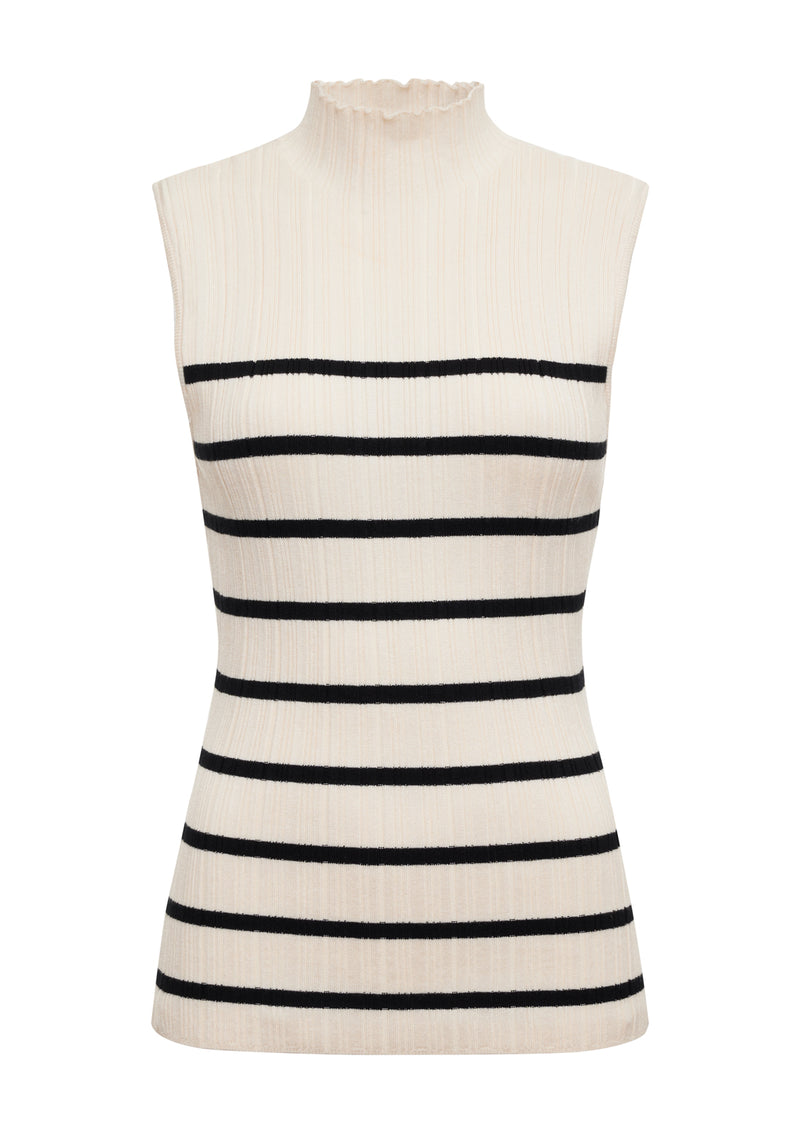 Ribbed Funnel Neck Top Light Oat/Black alt 5