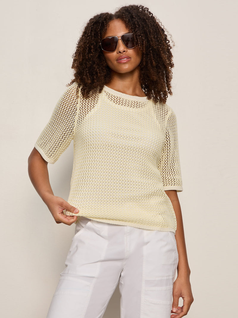 Open Knit Sweater Tee Lemon Drop/Chalk Stripe