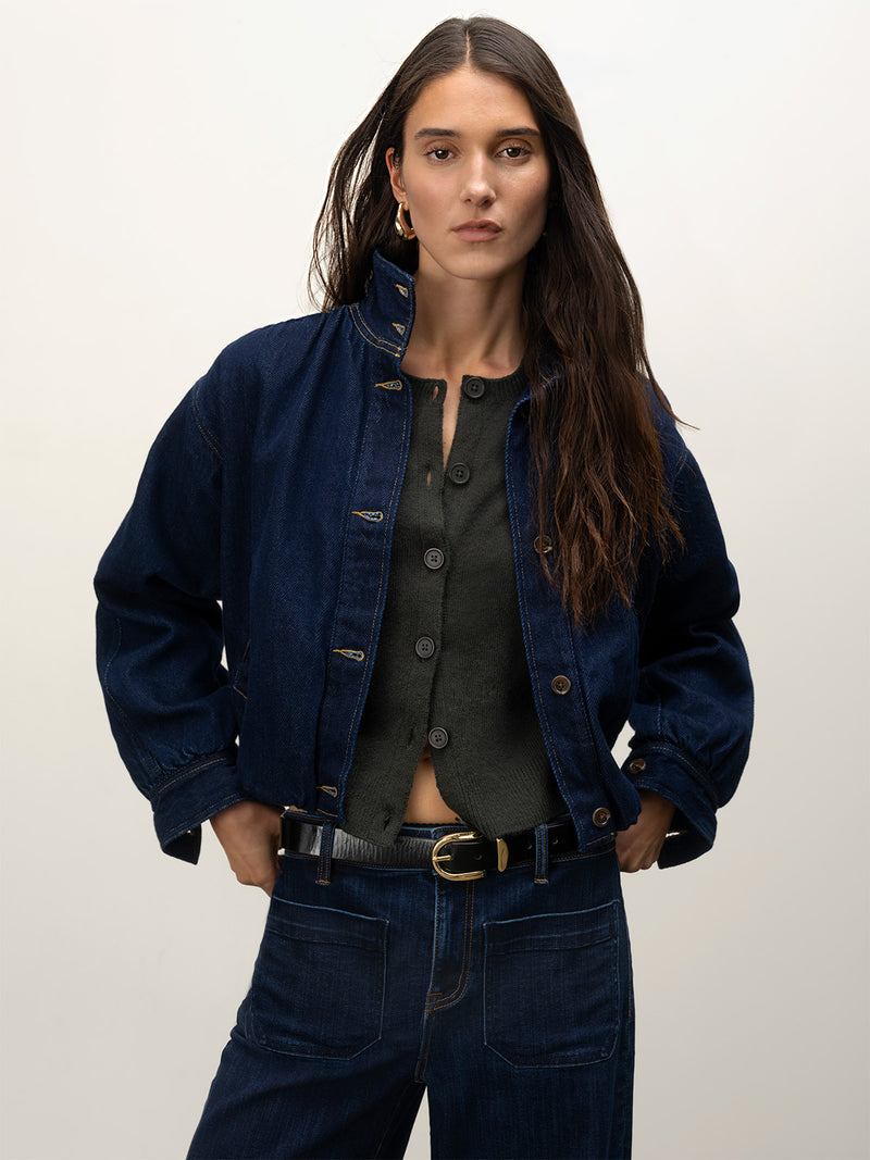 Bubble Hem Bomber Jacket Dark Denim