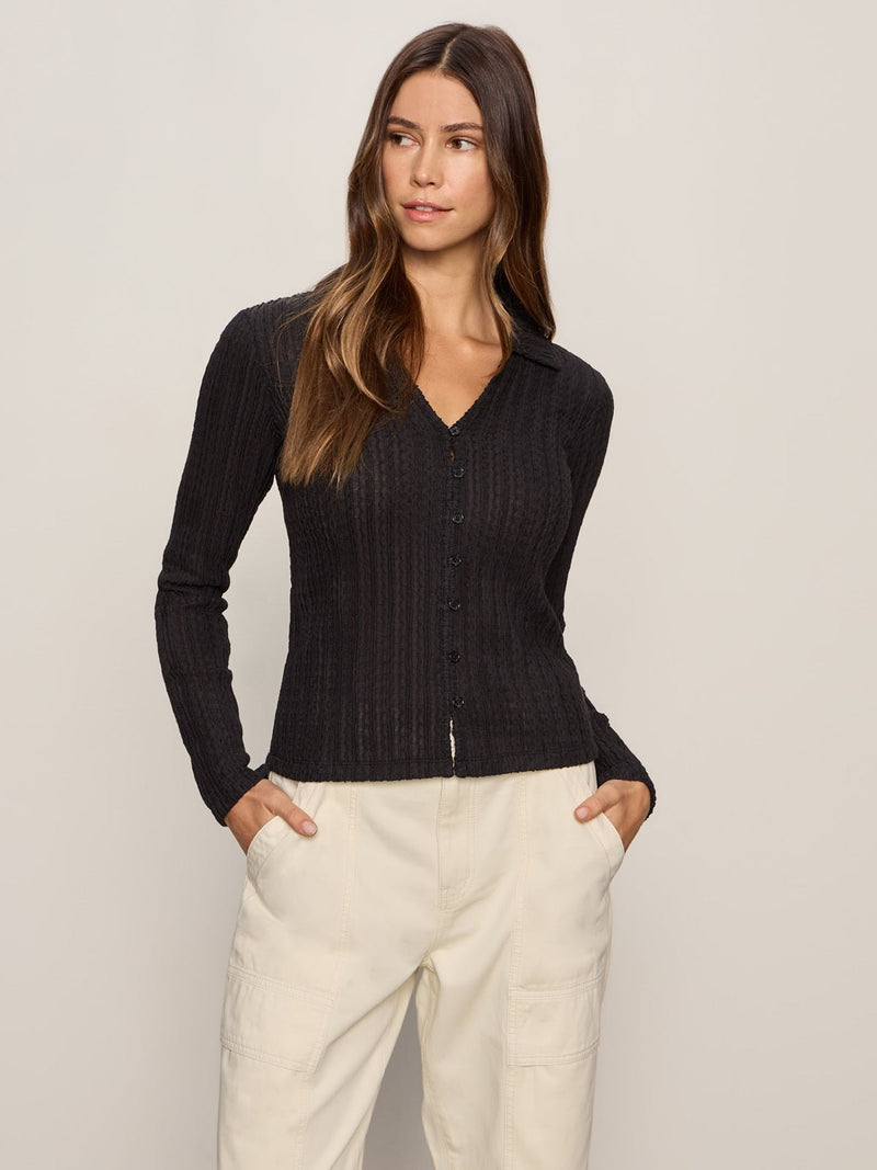 Button Down Textured Top Black