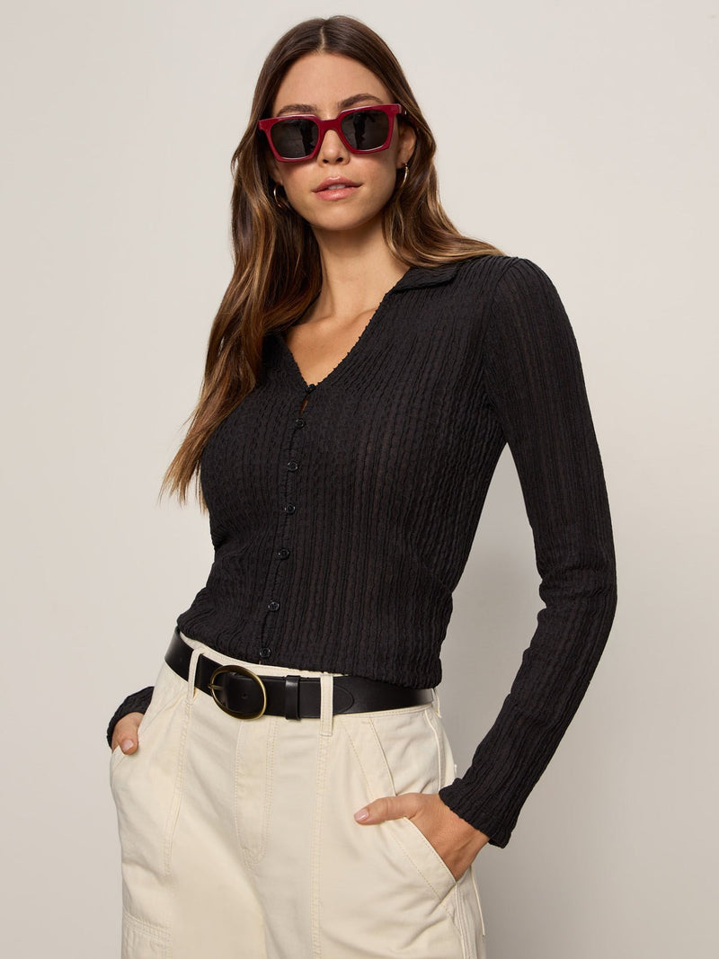 Button Down Textured Top Black alt 3