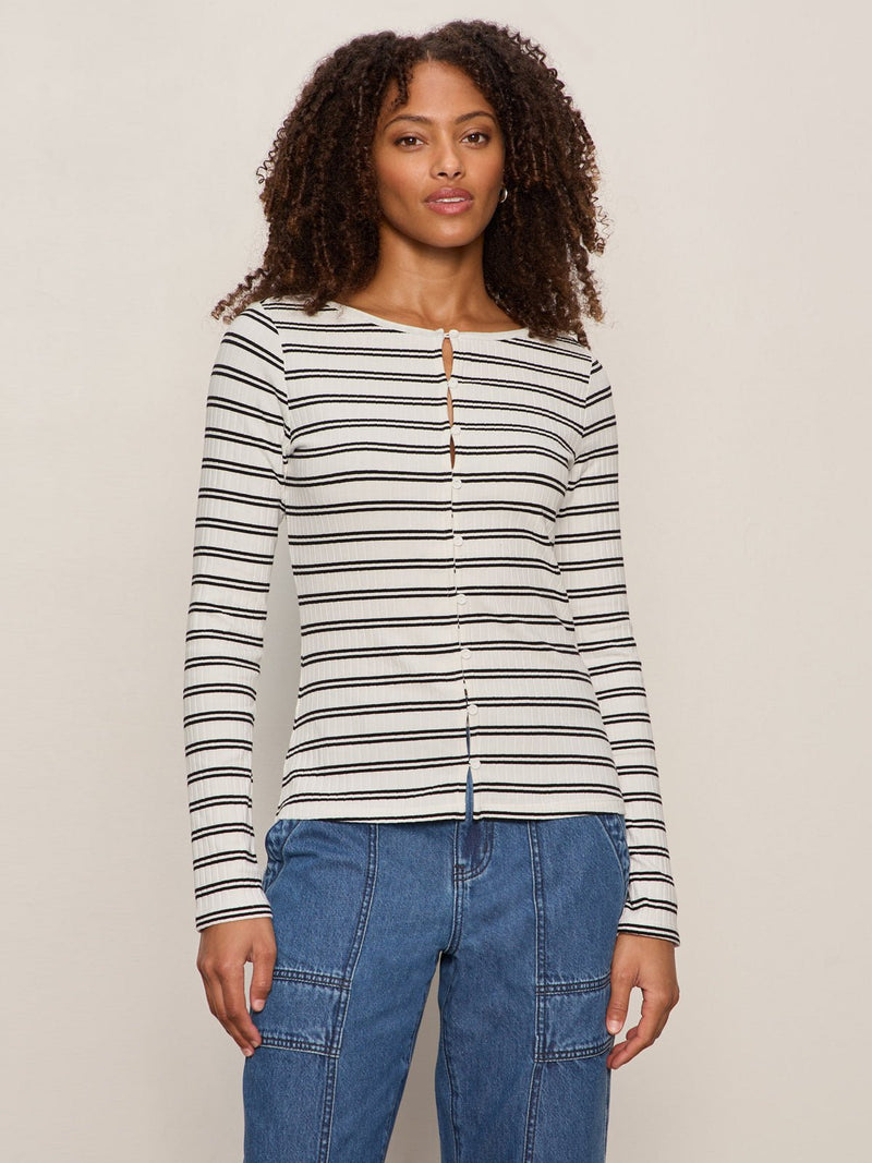 Button Front Ribbed Top Chalk / Black Stripe alt 1