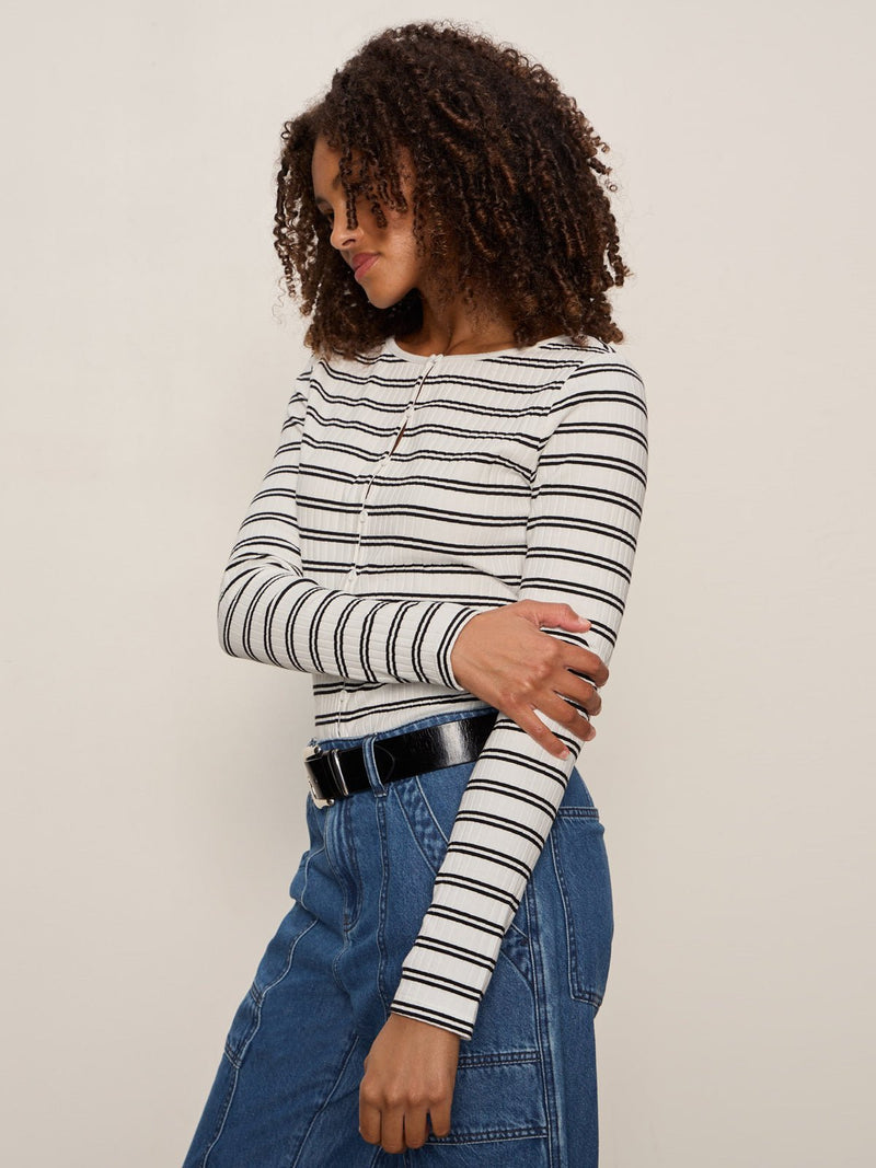 Button Front Ribbed Top Chalk / Black Stripe