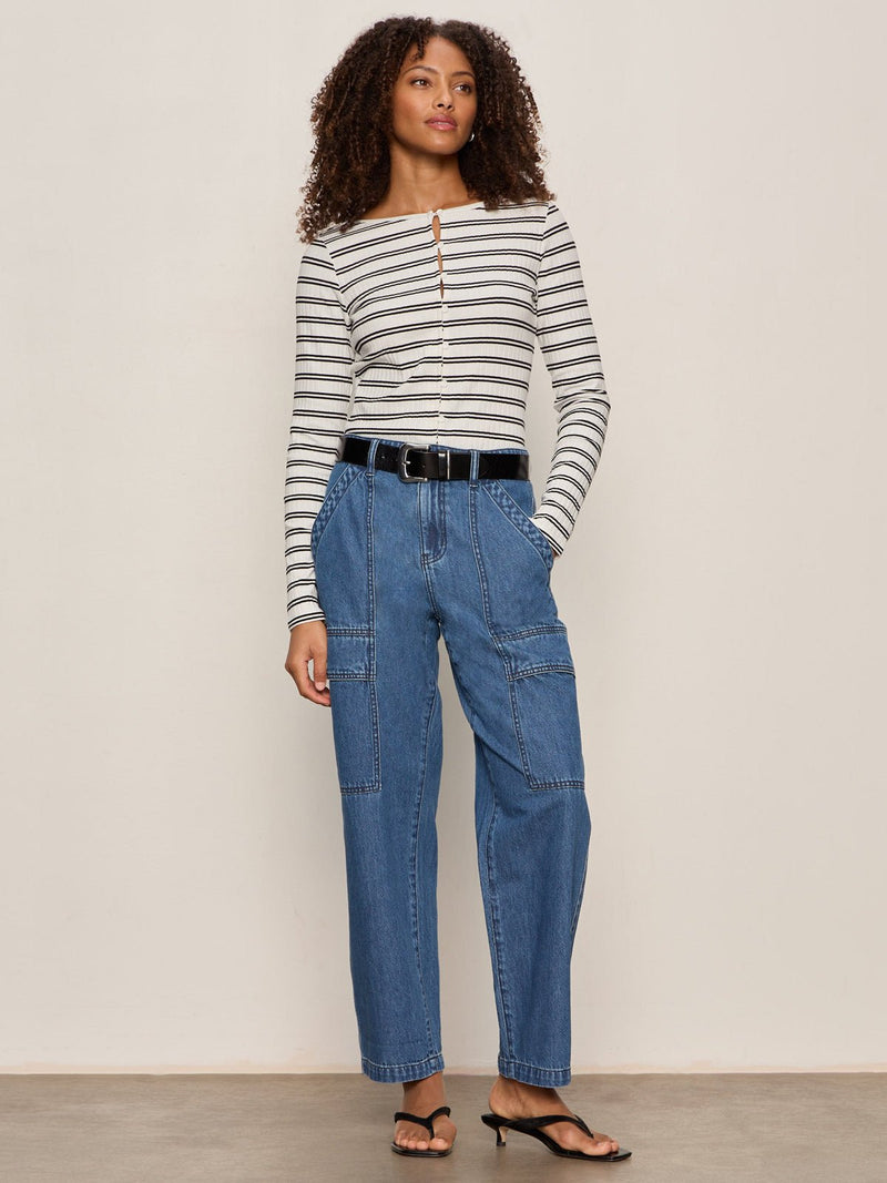 Button Front Ribbed Top Chalk / Black Stripe alt 4