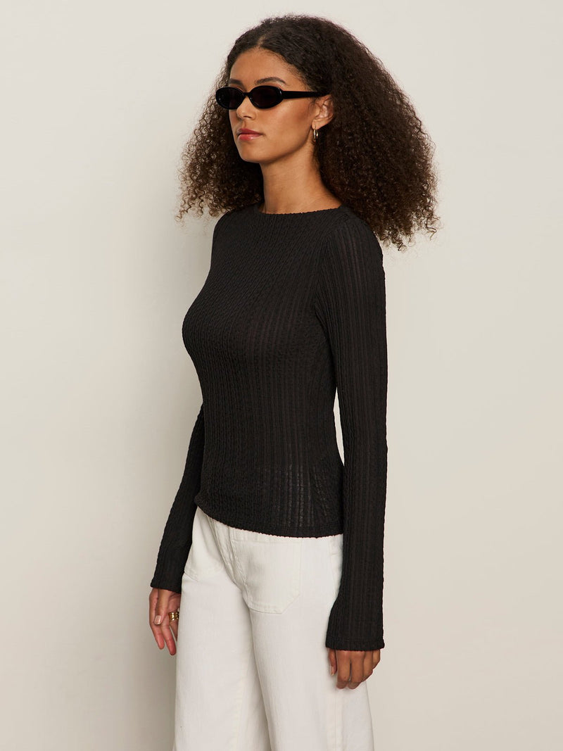 Long Sleeve Boatneck Textured Top Black alt 2