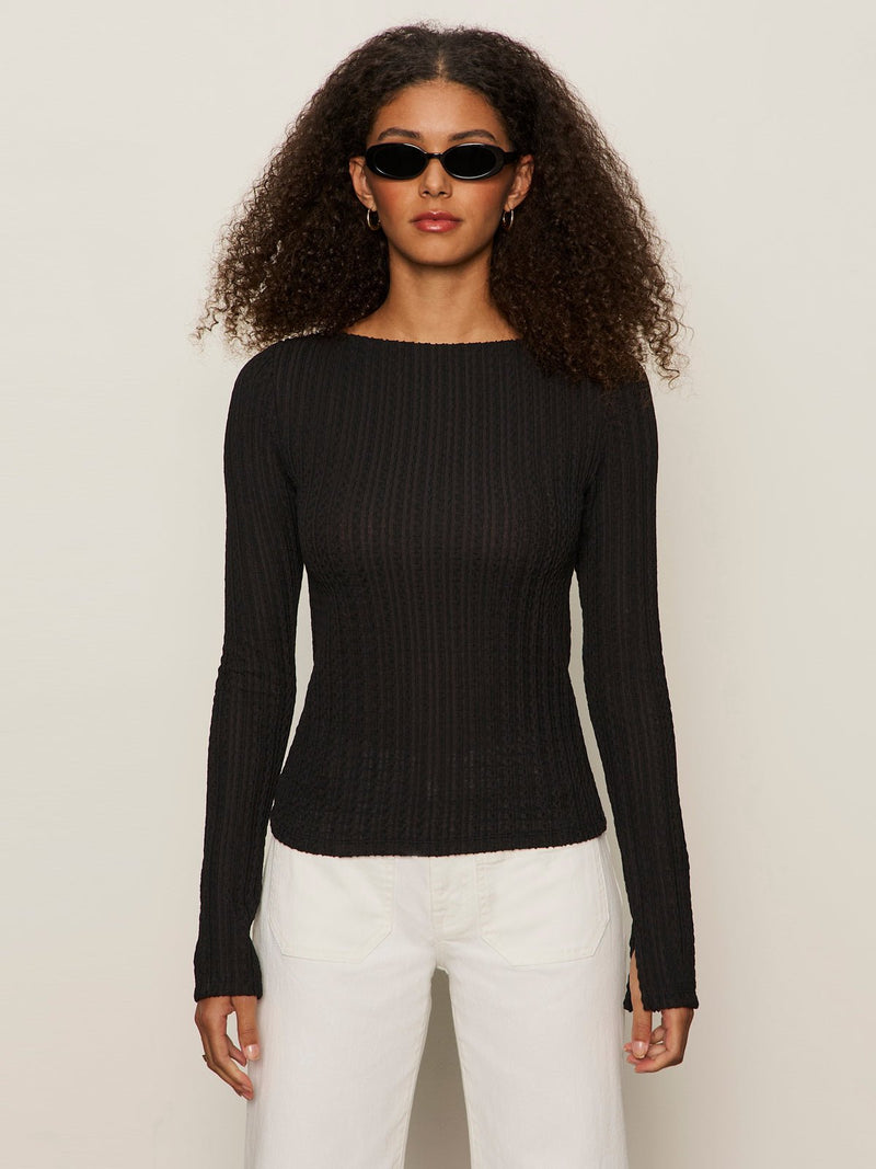 Long Sleeve Boatneck Textured Top Black alt 1