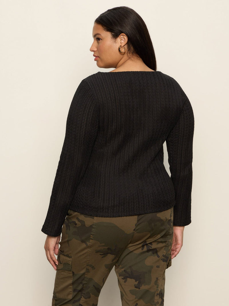 Long Sleeve Boatneck Textured Top Black Extended Sizing alt 1