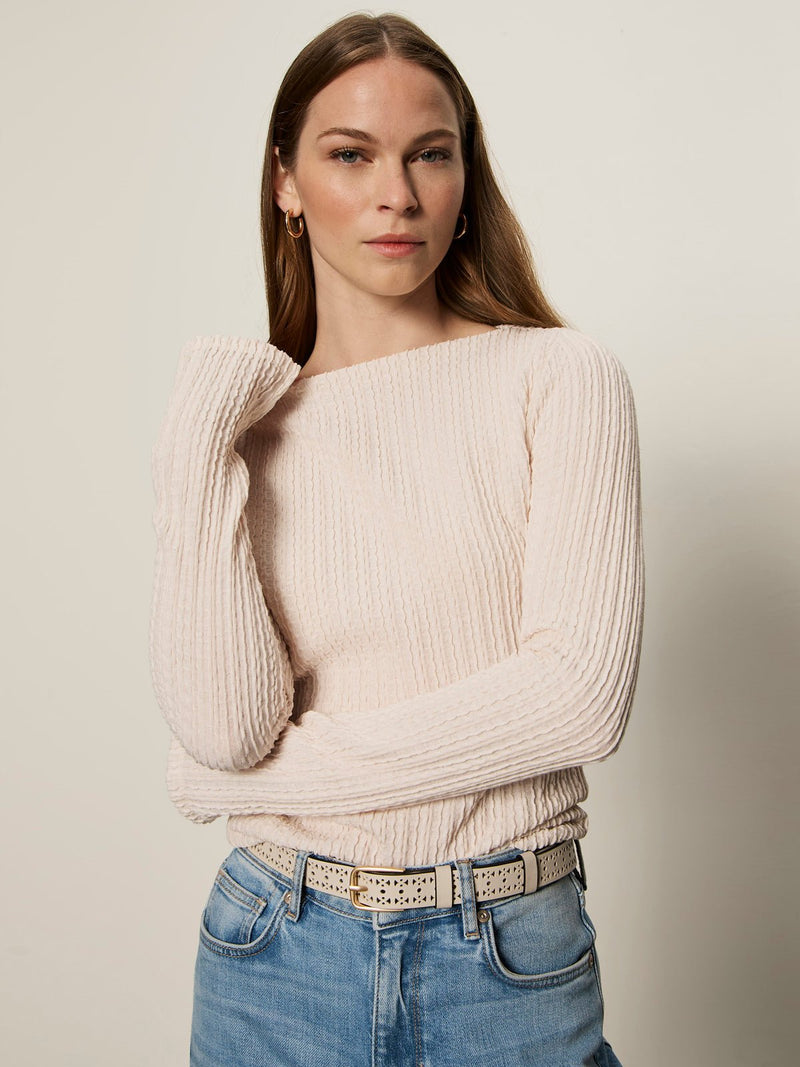 Long Sleeve Boatneck Textured Top Pink Milk
