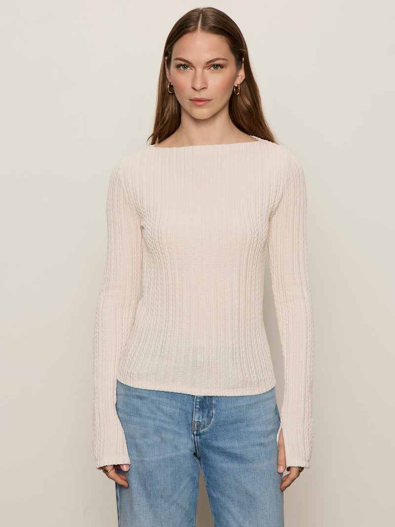 Long Sleeve Boatneck Textured Top Pink Milk alt 1