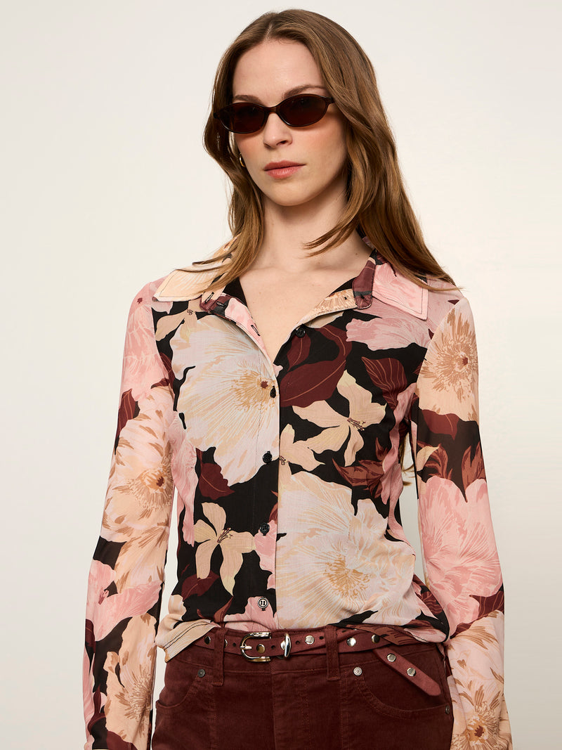 Fitted Mesh Button Down Top Woodland Flora