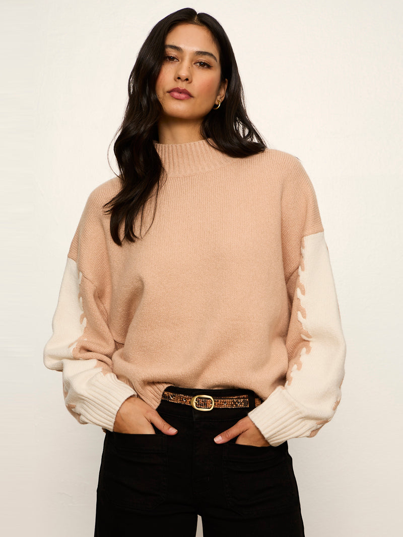 Color Block Mock Neck Pullover Hazelnut / Bone
