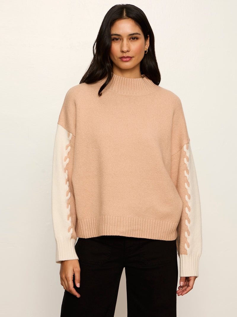 Color Block Mock Neck Pullover Hazelnut / Bone alt 1
