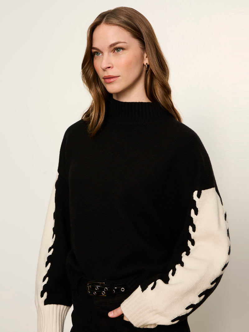 Color Block Mock Neck Pullover Black / Bone alt 2