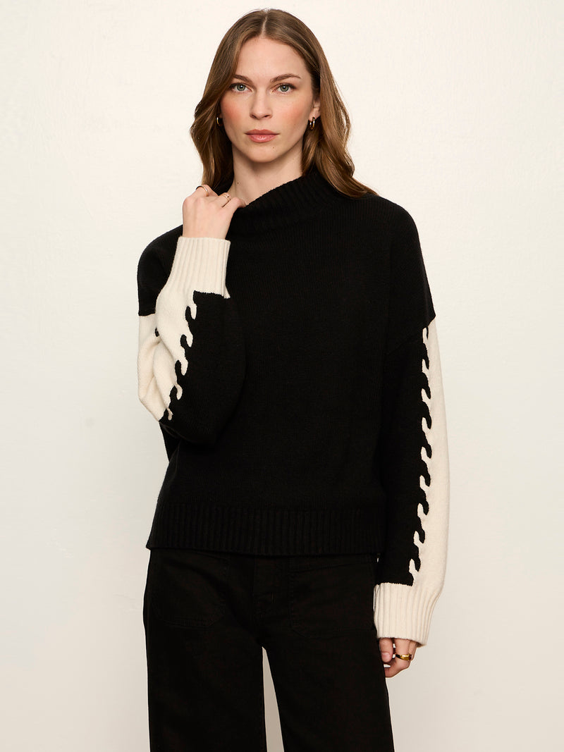 Color Block Mock Neck Pullover Black / Bone alt 1