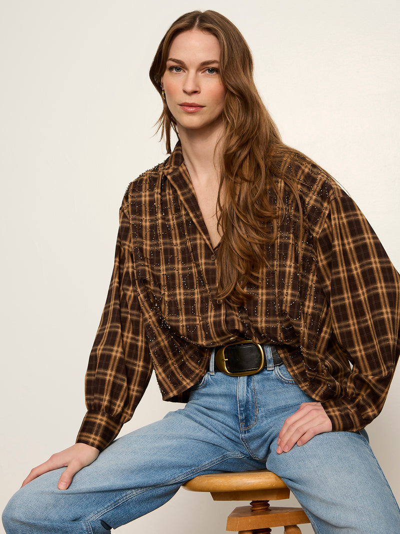Avery Beaded Crop Shirt Toffee Plaid alt 2