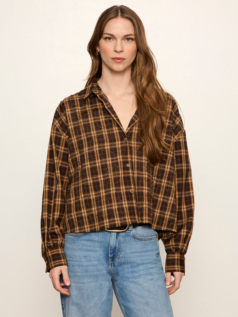 Avery Beaded Crop Shirt Toffee Plaid alt 3