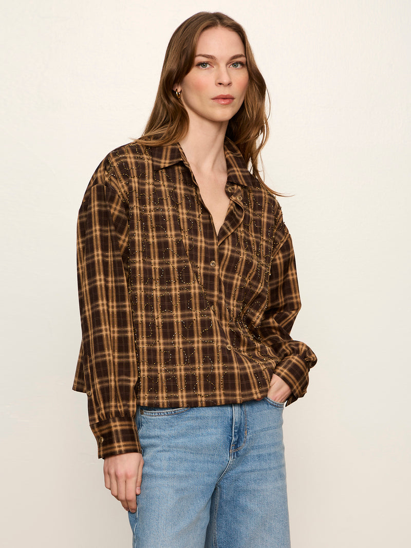 Avery Beaded Crop Shirt Toffee Plaid alt 4
