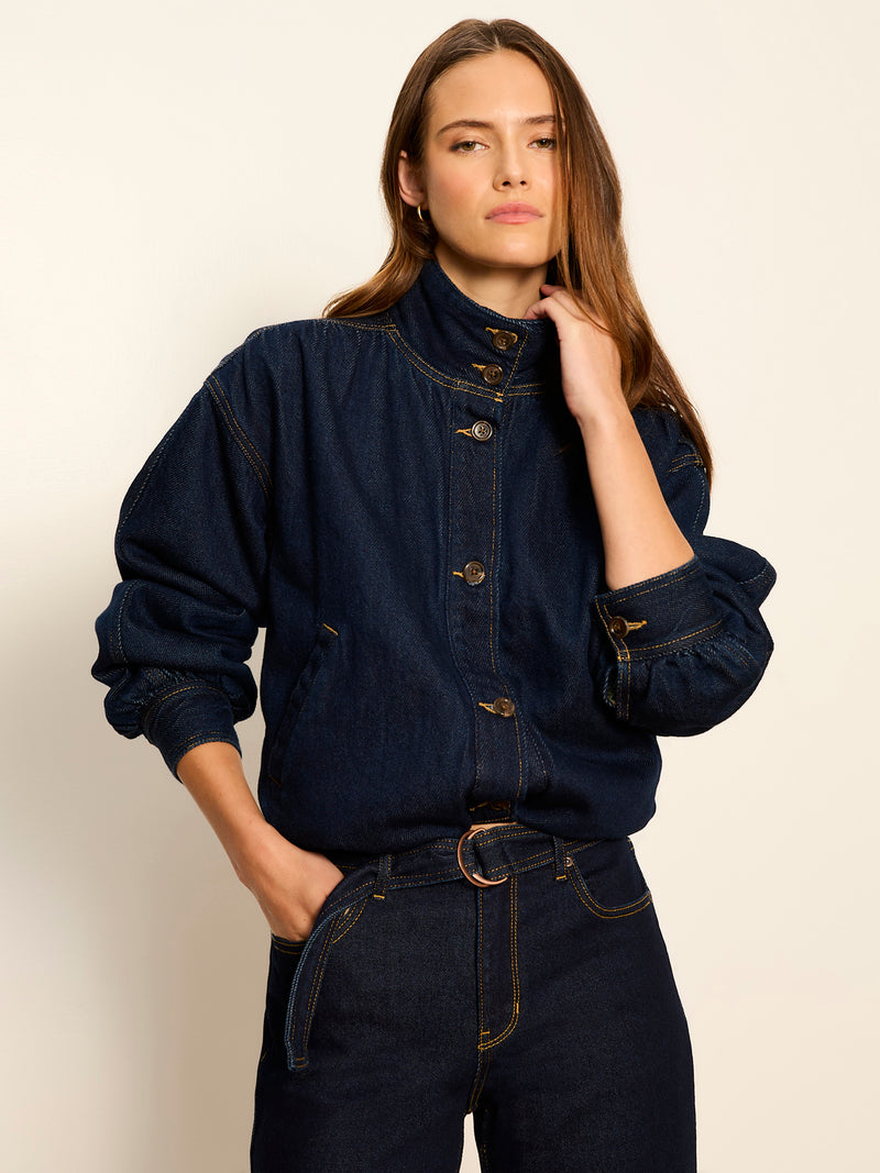 Bubble Hem Bomber Jacket Dark Denim alt 1
