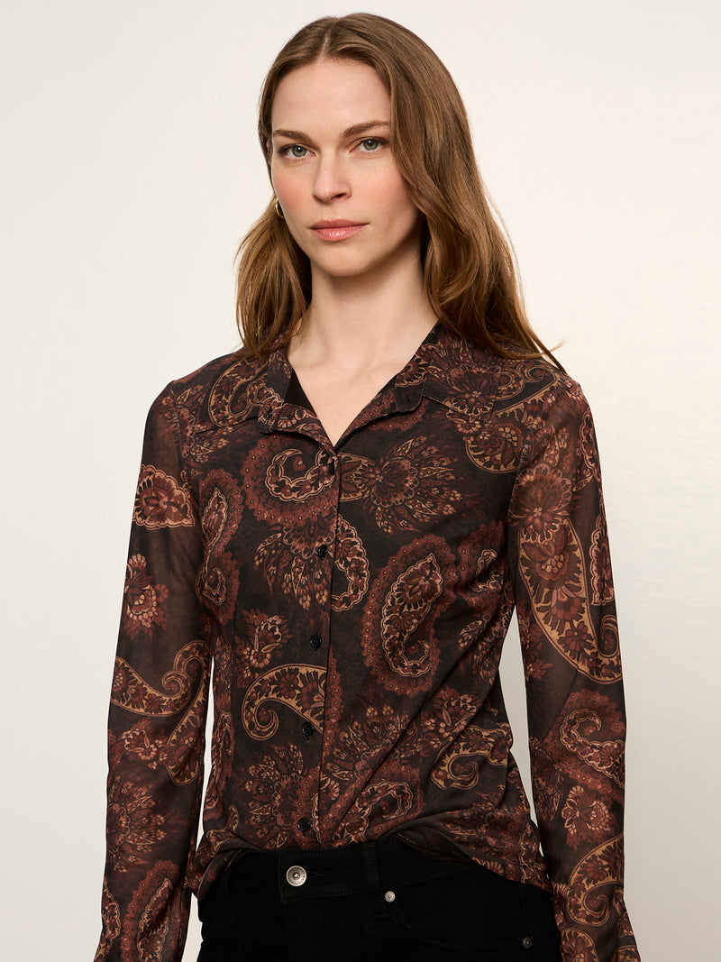 Fitted Mesh Button Down Top Cocoa Paisley Petite Sizing