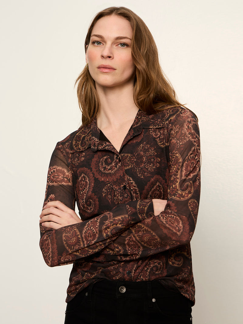 Fitted Mesh Button Down Top Cocoa Paisley