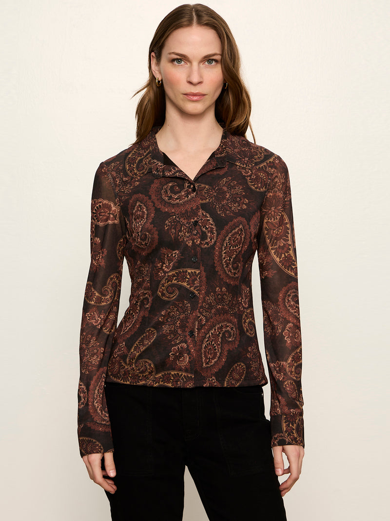 Fitted Mesh Button Down Top Cocoa Paisley alt 1
