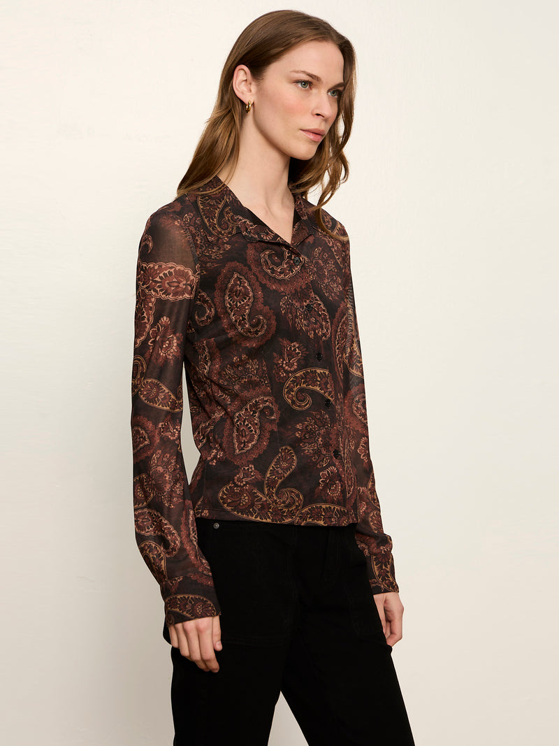 Fitted Mesh Button Down Top Cocoa Paisley Petite Sizing alt 2
