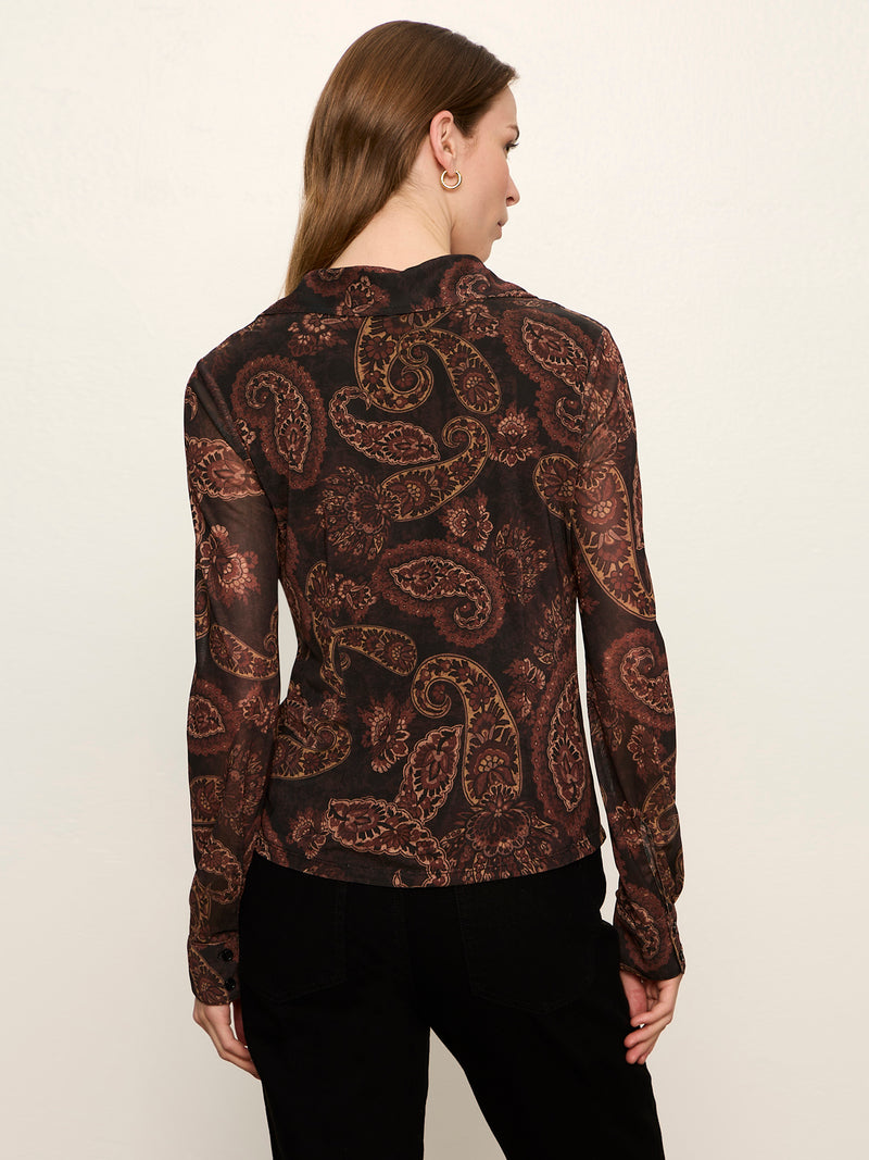 Fitted Mesh Button Down Top Cocoa Paisley Petite Sizing alt 3