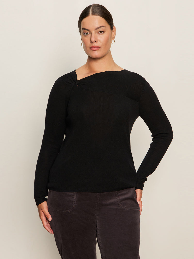 Long Sleeve Shoulder Twist Top Black Extended Sizing alt 1