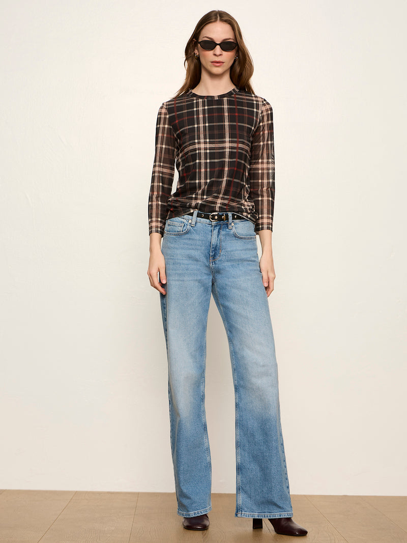 Mesh 3/4 Sleeve Top Cinder Plaid alt 4