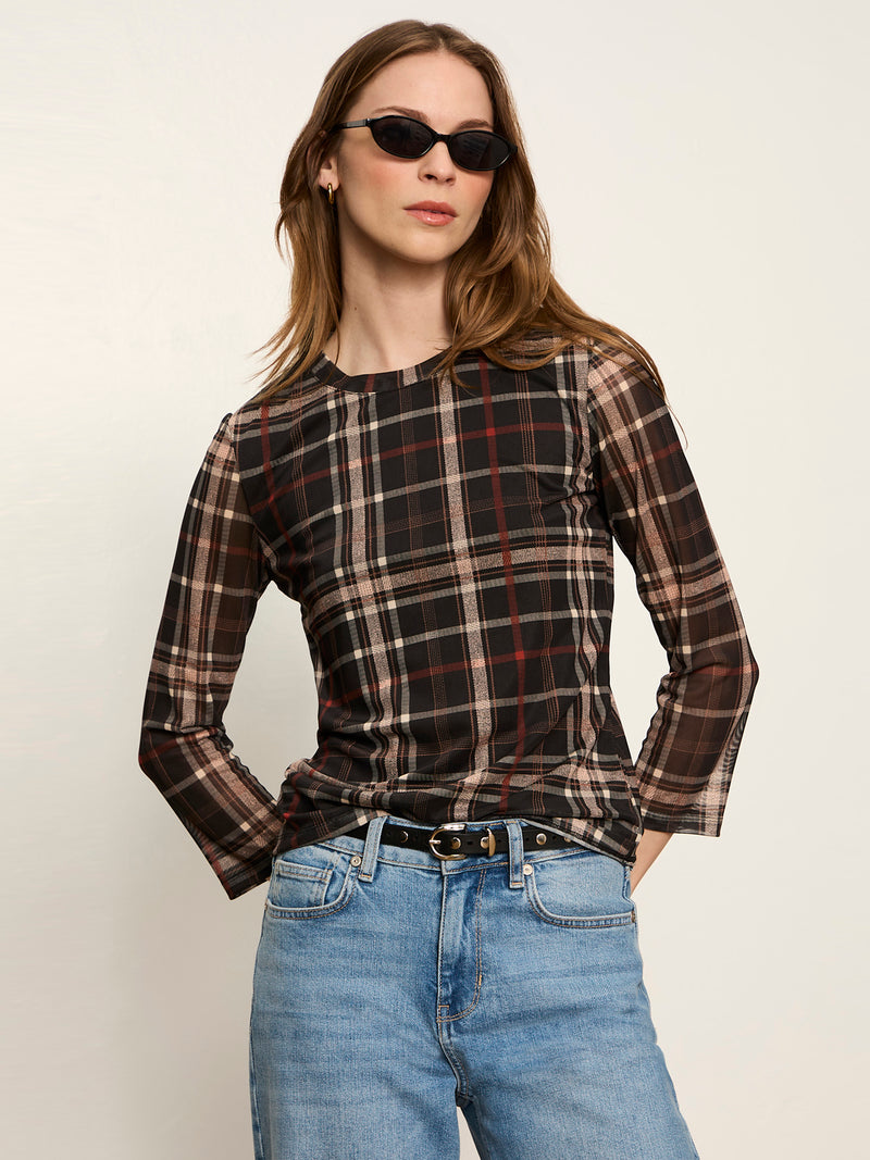 Mesh 3/4 Sleeve Top Cinder Plaid