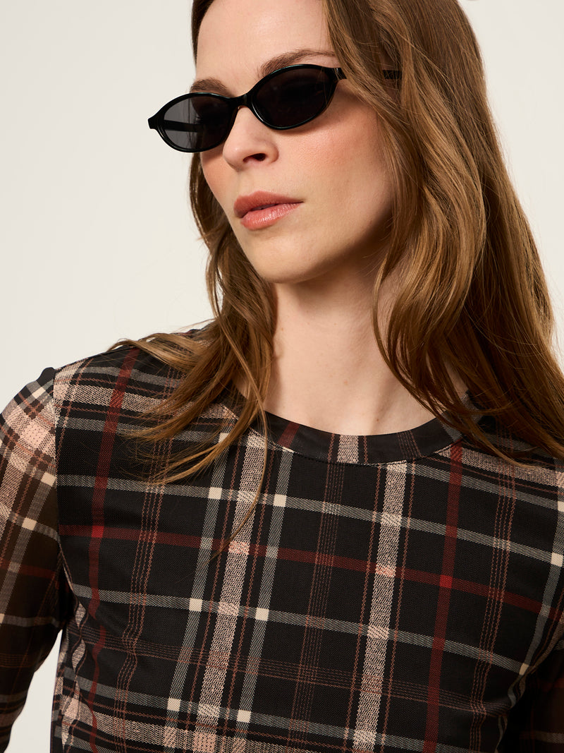 Mesh 3/4 Sleeve Top Cinder Plaid alt 3