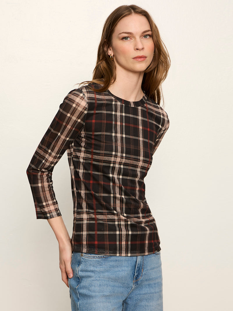Mesh 3/4 Sleeve Top Cinder Plaid alt 1
