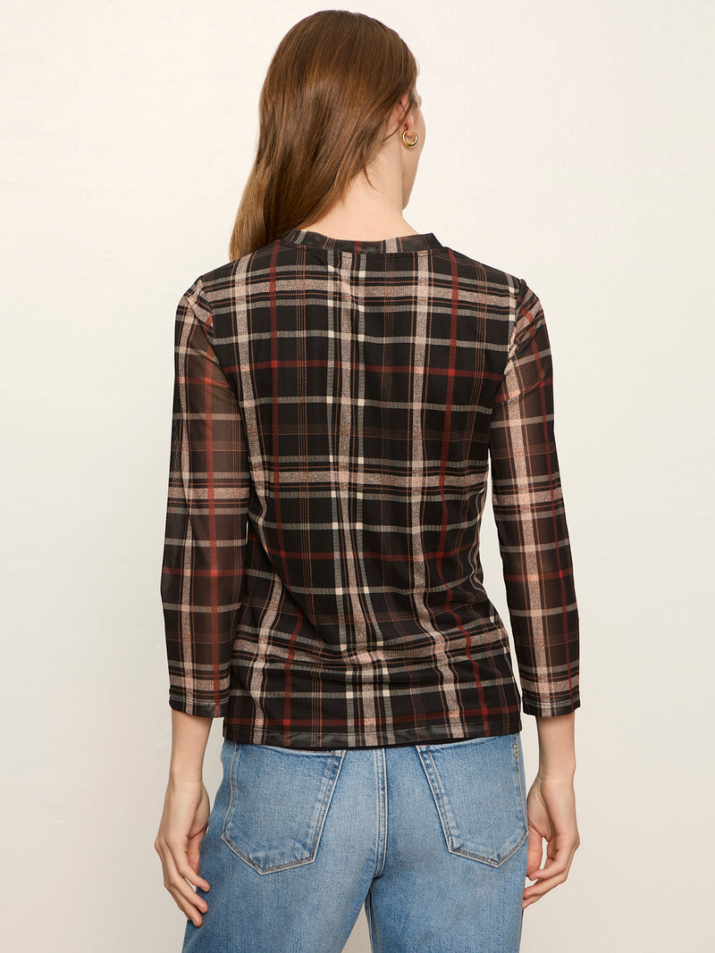 Mesh 3/4 Sleeve Top Cinder Plaid alt 2