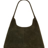 The endless large hobo bag in dark olive by Sanctuary Clothing features a minimalist triangular shape, dark olive suede, and a single wide strap, displayed against a white background.