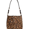 The Sanctuary Clothing perfect bucket bag leopard features a bold leopard print in brown, tan, and black with a black strap. Displayed on a white background.